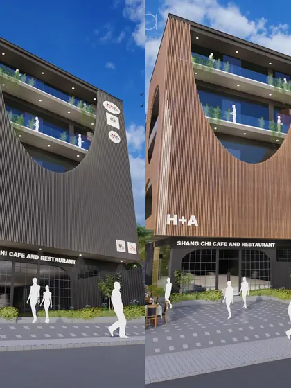 A side-by-side comparison of two material options, aluminum and terracotta fins, for the "Shang Chi Cafe" building. Both options for this west-facing facade are designed to provide privacy and shade, showcasing our versatile approach to sustainable materials.