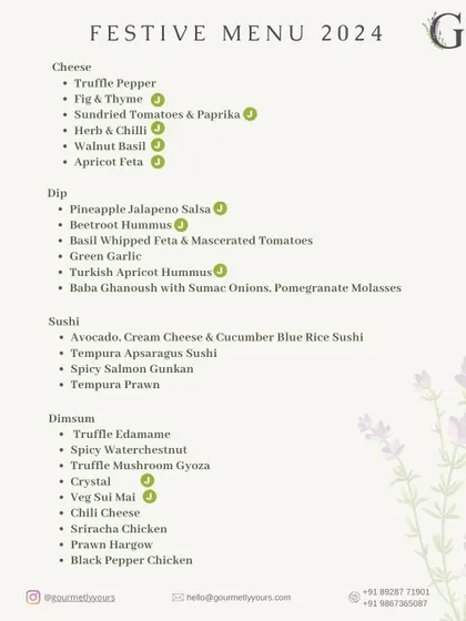 Page one of our Festive Menu for 2024, listing our extensive selection of artisanal cheeses, dips, sushi, and dim sum available for Diwali celebrations.