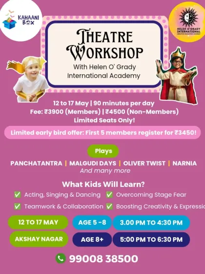 Our theatre workshop poster, outlining what kids will learn, from acting and singing to overcoming stage fear. We offer different batches for different age groups.