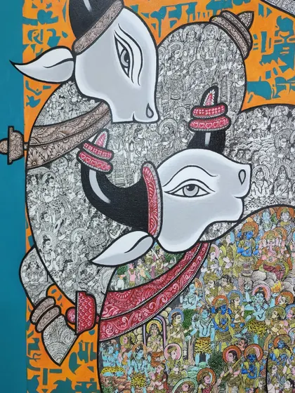 Art, for me, is storytelling in its most intricate form. This close-up reveals the detailed miniature work within my Shiv Mahapuran painting, where every line and shade, created with a rotary pen and acrylics, tells a story of Shiva's life. It is a universe of devotion contained within a single form.