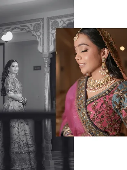 A collage blending a black and white portrait with a color close-up, capturing the bride's serene smile and elegant profile.