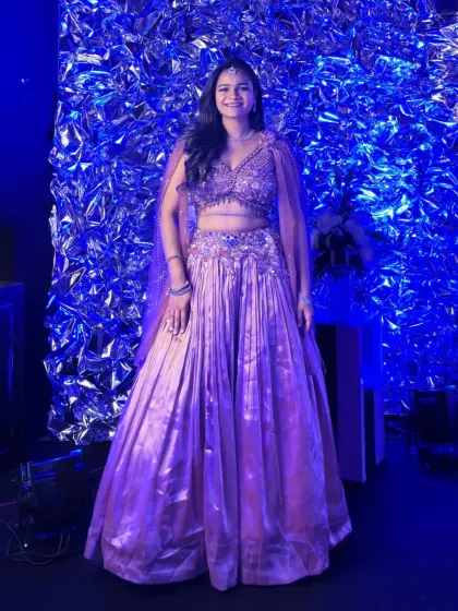A full-length view of my dazzling lehenga for the Sangeet night, ready to shine under the stage lights.