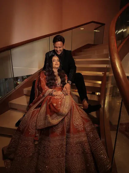 A beautiful portrait of the happy couple. The bride's minimal yet magical makeup look is perfect for her reception, allowing her natural happiness to shine.