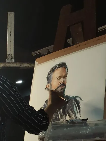 A close-up of my brushwork during the self-portrait demonstration.