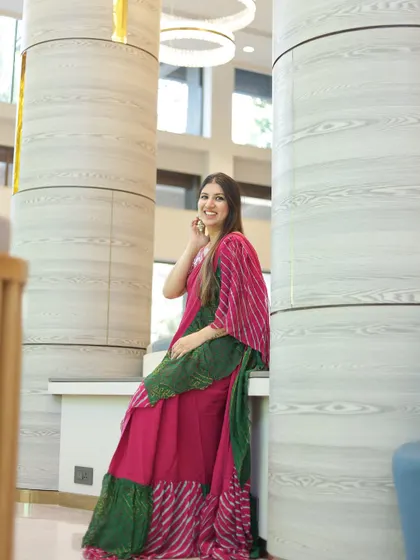Dressed in a beautiful bandhani saree for a traditional Mayra ceremony. I always dress to honor the culture and theme of the event.