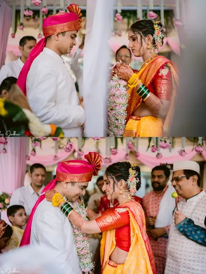 A collage showing the Varmala and other key moments from Ravija and Samarth's Mumbai wedding.