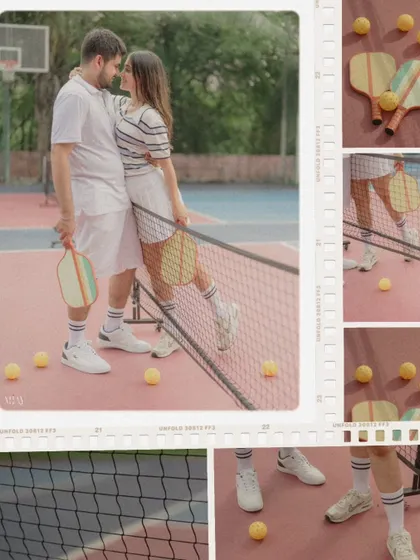A creative collage from the pickleball shoot, including details of the paddles, balls, and the couple's sneakers.