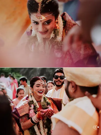 A diptych of the bride's beautiful expressions as she looks at her groom during the ceremony.