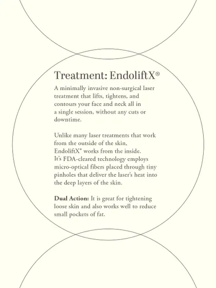 This graphic explains what EndoliftX is: a minimally invasive laser treatment that lifts, tightens, and contours in a single session. Unlike other lasers, it works from the inside, using micro-optical fibers to deliver heat deep into the skin for dual-action fat reduction and skin tightening.