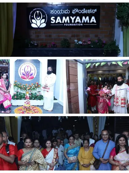 A collage from the inauguration ceremony of our Spiritual Centre. It shows the main sign, us lighting the inaugural lamp, and the crowd of well-wishers, capturing the joyous and momentous occasion.
