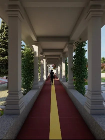 This visualization shows the planned 'avalokana patha', a path for reflection, where devotees can walk in a serene, landscaped environment.