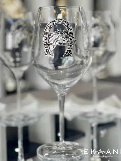 The same horseshoe and horse motif, this time on an elegant wine glass. It is a perfect gift for someone who loves horses and enjoys a good glass of wine.