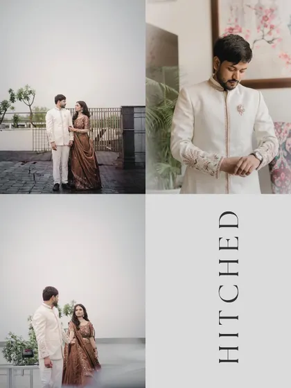 A collage summarizing Piyush and Anjali's engagement, from couple portraits to the groom getting ready. This format is great for telling a complete story of the day.
