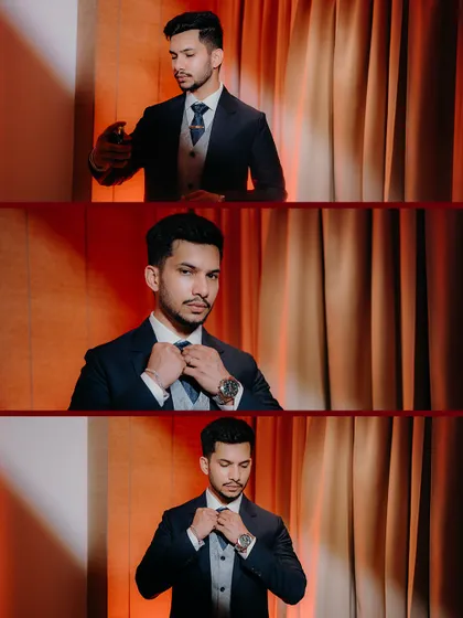 A collage of the groom getting ready, adjusting his tie and cufflinks. These detail shots add a touch of classic, masculine elegance.