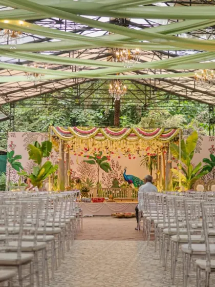 The full view of a South Indian wedding venue we designed, with a stunning peacock-themed mandap as the centerpiece. The seating is arranged to give every guest a perfect view of the ceremony, set within a beautiful glasshouse structure that blends with the surrounding greenery.