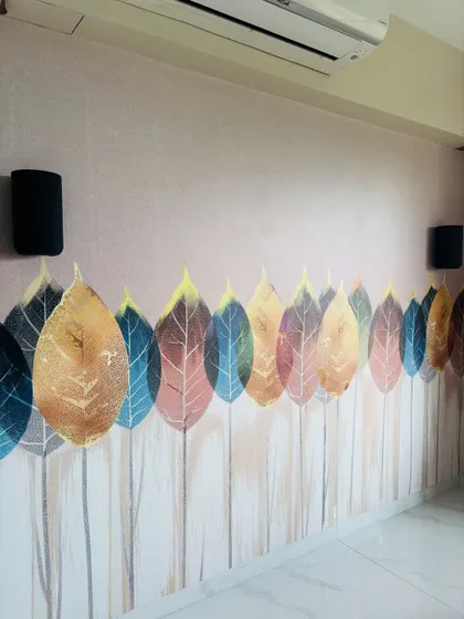A custom wallpaper design featuring colorful leaves, adding a touch of nature and artistry to the bedroom wall.