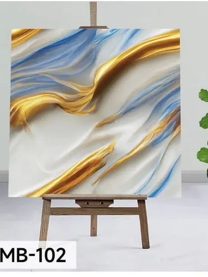 An abstract, flowing design (WMB-102) in blue, white, and gold. This pattern has an artistic, almost liquid feel that is very modern and unique.