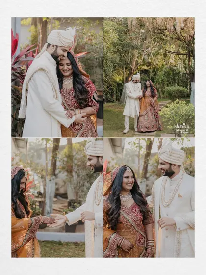 A collage of the couple's first moments together after their ceremony, walking hand-in-hand and sharing smiles in a sun-drenched garden.