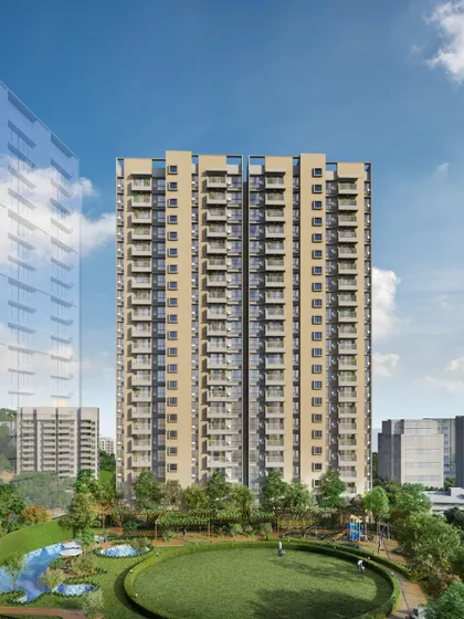 A wide-angle view of a residential tower, showcasing its position relative to surrounding buildings and a large central park area. The reflection in the adjacent glass building adds a layer of realism.