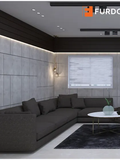 Another view of the grey monochromatic living room concept, showing the comfortable sectional sofa.