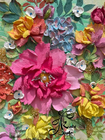 A close-up of the "Valley of Flowers" panel. This shot focuses on the central pink peony and the surrounding smaller flowers, showing the intricate arrangement and color blending.