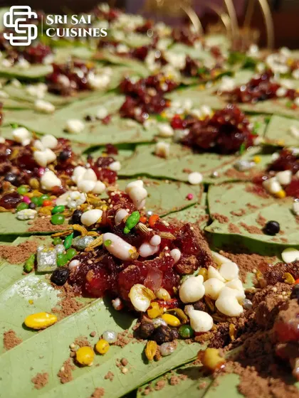 A close-up of our paan preparation. We use a vibrant mix of gulkand, sweet fennel, colorful sprinkles, and other high-quality ingredients to create over 150 different flavors.