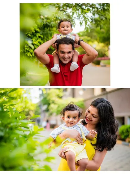 A sweet collage of a young family, with the father carrying the baby on his shoulders and the mother holding him close.