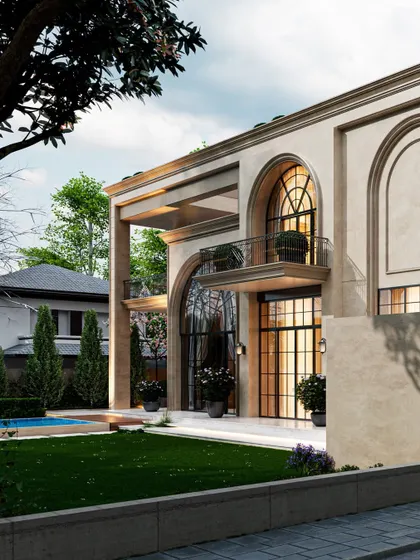 This perspective showcases the layered volumes and arched details of an upcoming classical-inspired home. The design creates a rich spatial experience, with deep terraces and grand windows that give the residence a timeless and sophisticated presence.