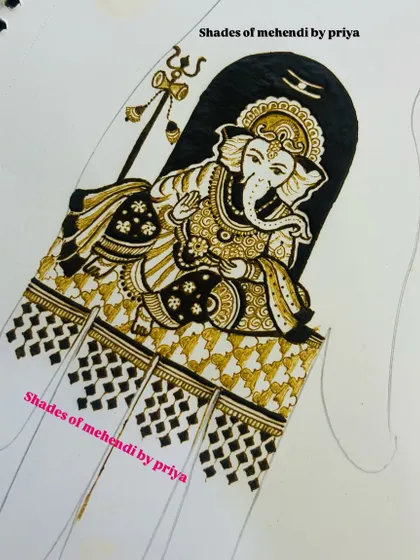 A design of Lord Ganesha relaxing, drawn on a practice sheet. This is a popular and auspicious figure for any celebration.