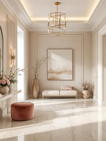 A bright and elegant foyer with classic wall paneling, a floating marble console, and a plush pink ottoman. The design feels timeless and sophisticated.