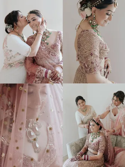 A collage of sweet getting-ready moments, including a mother's kiss and friends helping the bride. These images tell the story of love and support.