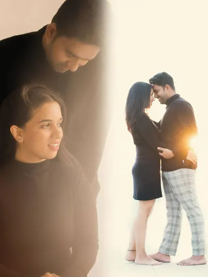 This creative collage blends different moments from a studio session, capturing both posed and candid expressions to tell a more complete story.