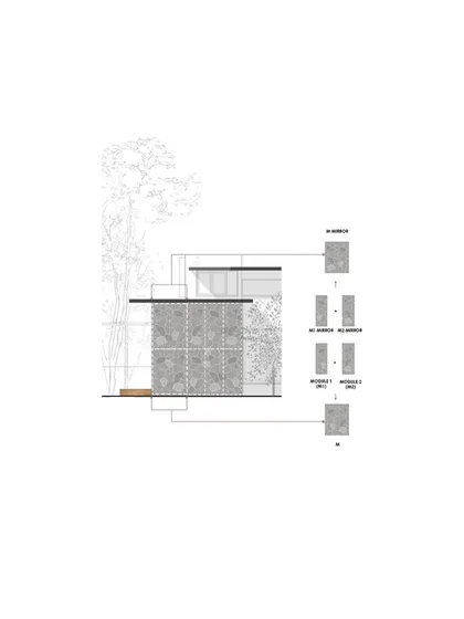 This diagram shows our material-first approach for a residential project. We explored how to use granite in different modules to create a dynamic, textured facade while ensuring efficient planning.