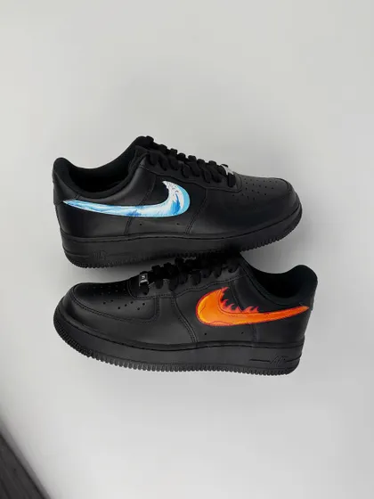 The full pair of "Fire & Water" custom sneakers.