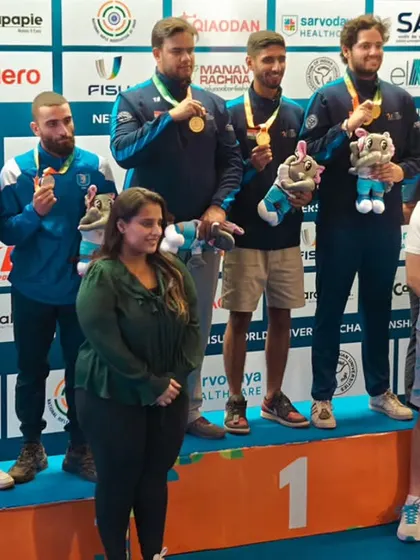 Team India celebrating their Gold medal in the Skeet Men Team event. Hosting events where our nation triumphs is the ultimate fulfillment of our mission.