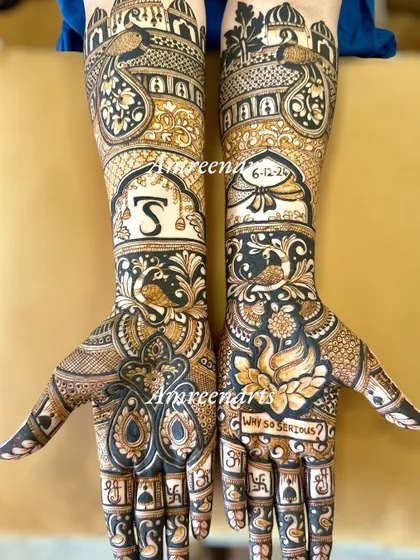 This full-arm design is packed with personal details, including a wedding date, initials, a playful quote, and religious symbols.