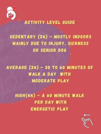 A quick reference for our activity level guide. Knowing whether your dog is sedentary, average, or highly active is the first step to correct portioning.