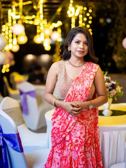 Bhavya Reddy looking beautiful for an evening party. The makeup is glamorous but not heavy, perfect for celebrating in style.