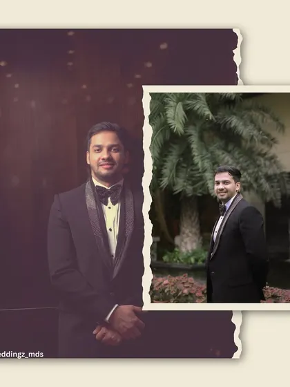 A creative collage of the groom, blending a formal portrait with a more casual outdoor shot.