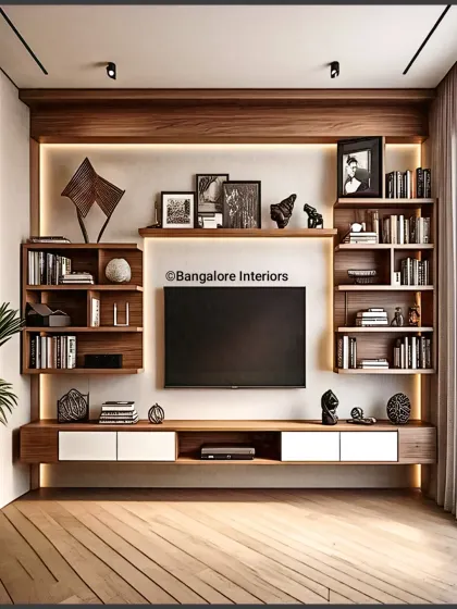 This TV unit is designed for book lovers, with extensive open shelving flanking the television. The warm wood tones and integrated LED lighting create a cozy and inviting library-style living room.