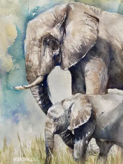 A commissioned watercolor painting of a mother and baby elephant. In the process of painting this for a friend, I completely fell in love with the gentle giants myself.