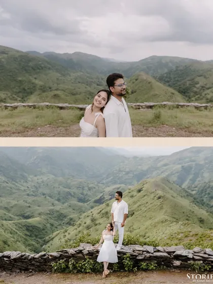 A two-panel image showcasing the couple against the breathtaking panoramic views of the Udaipur landscape.