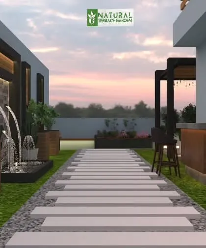 A perspective view of a proposed terrace, showing how a long pathway connects the bar, the glass room, and various seating areas.