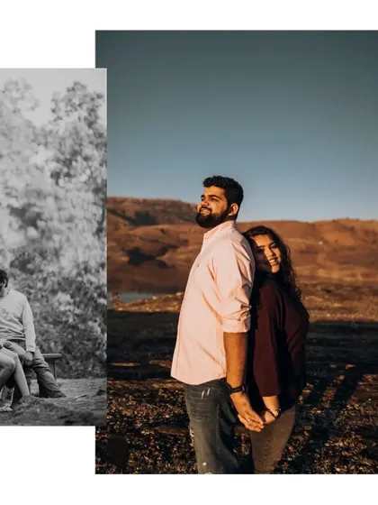 A collage showing two different moods from the same lakeside shoot. One is a relaxed moment on a bench, the other a classic portrait against the expansive landscape.