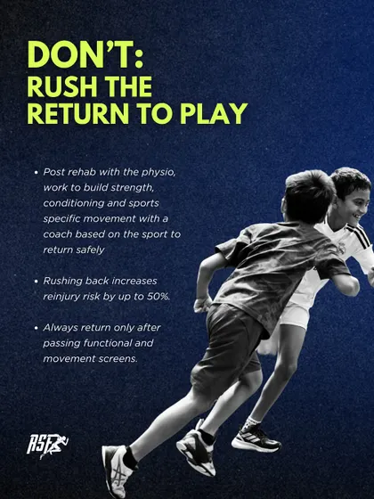 DON'T: Rush the return to play. This graphic warns that rushing back increases reinjury risk by up to 50%. A safe return only happens after passing functional movement screens and rebuilding sport-specific conditioning.