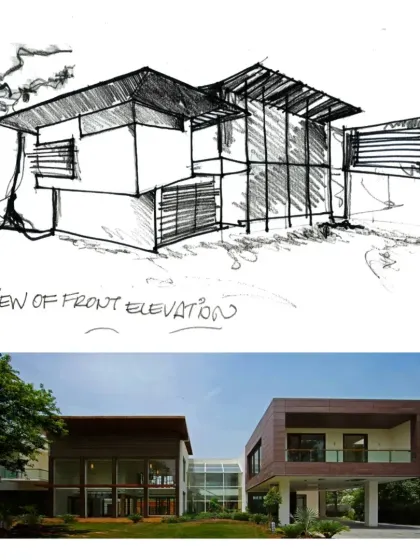 From sketch to reality, the front elevation of the Sachdeva Farmhouse evolved from a concept of perpendicular blocks to a sleek modern structure. The final design features a bold cantilevered box and an interplay of glass and textured tile.