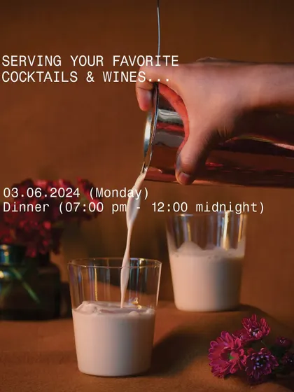 A hand pouring a creamy cocktail, with text announcing our operating hours during a holiday period. This graphic is an example of our clear and stylish communication with our guests.