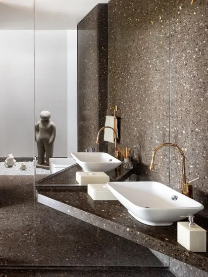 Generously treated with dark terrazzo, this lounge toilet features a small, private court that invites sunlight into its modest volume. The angular vanity and minimalist fixtures create a bold, contemporary statement.