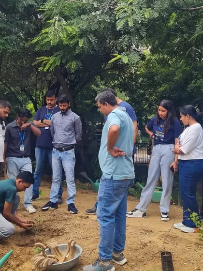 Our on-ground team demonstrates the correct planting technique to NTT DATA volunteers, ensuring each sapling has the best chance of survival.
