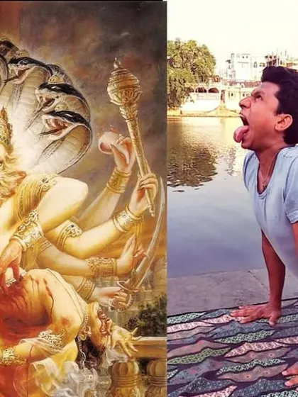 Simhasana, the Lion Pose, is dedicated to Narasimha, the man-lion incarnation of Lord Vishnu. This powerful practice, which involves a forceful exhalation, is said to build vigor and courage, connecting us to the fierce, protective energy of the divine.